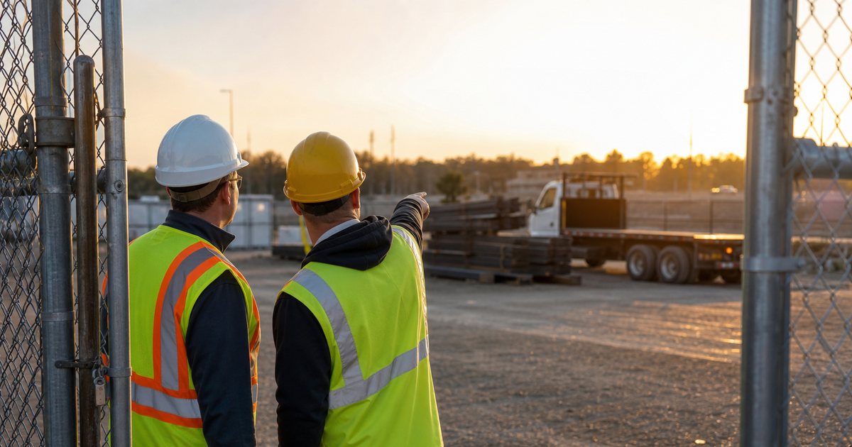 Two workers in hard hats and high-visibility vests standing at a construction site entrance gate at sunrise, one pointing across a gravel yard toward stacked steel beams and a parked flatbed truck, warm low side light