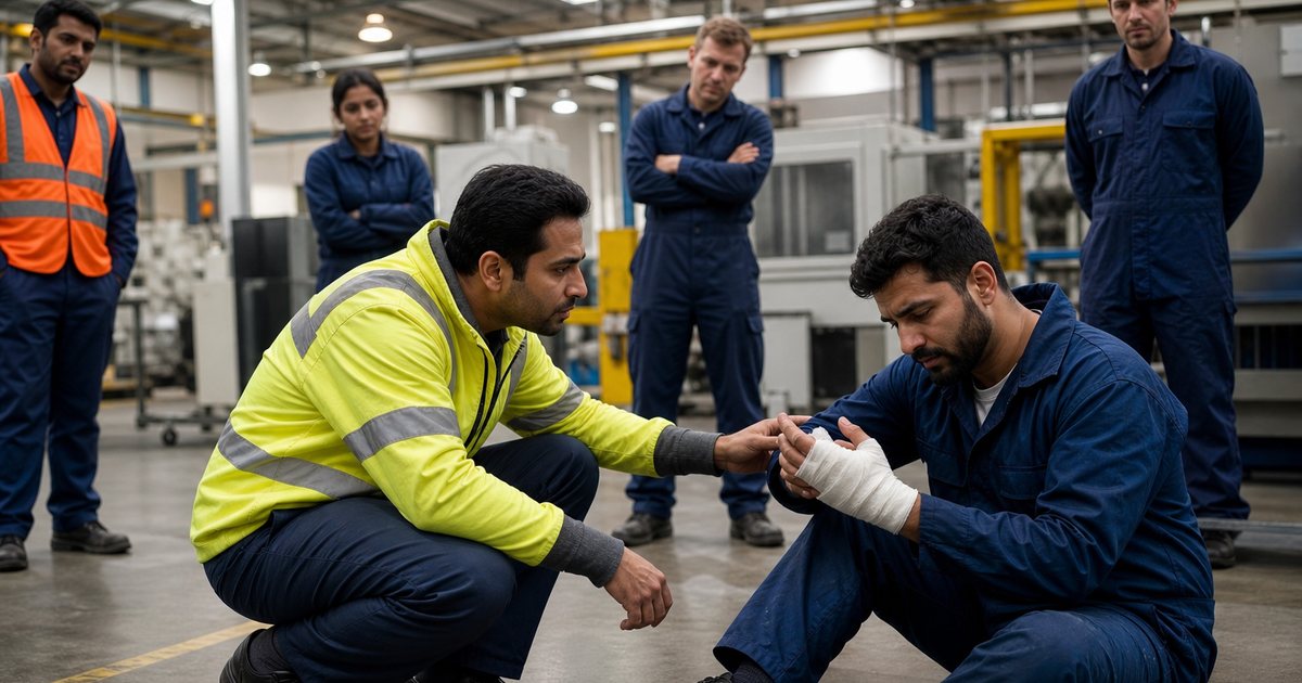 A supervisor kneeling beside a seated coworker holding a bandaged hand on a factory floor, a first aid kit open on the ground, other workers standing back at a respectful distance