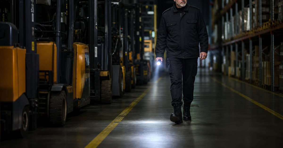A single security guard with a flashlight walking past parked forklifts inside a dimly lit warehouse at night, tall shelving on both sides and the flashlight beam cutting through the dark aisle ahead