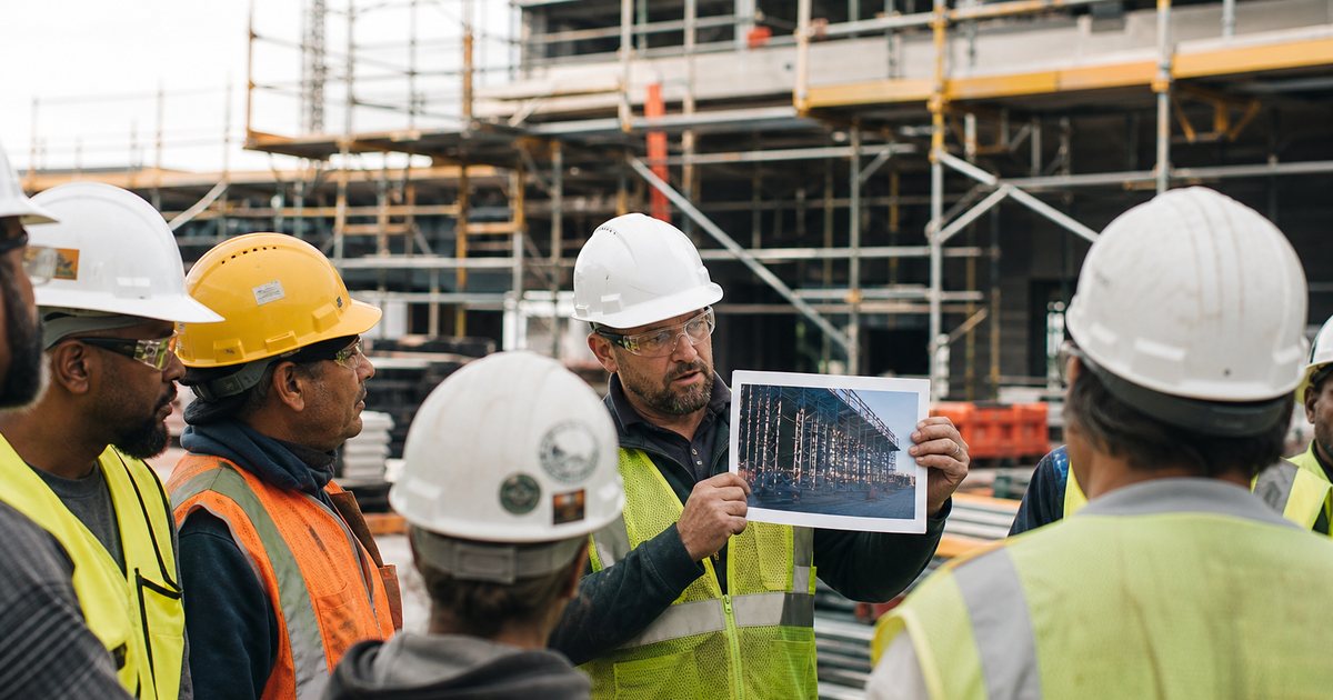 A diverse group of construction workers in hard hats and safety vests gathered around a foreman who is gesturing toward a section of scaffolding on a job site at midday