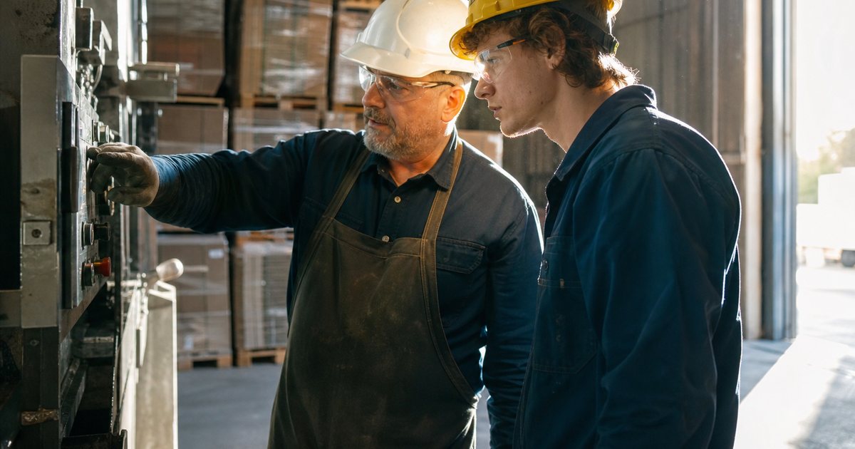 A young worker in a hard hat and safety glasses watching closely as an older coworker demonstrates a machine control in a bright warehouse aisle, dust visible in sunlight from an open roll-up door, stacked pallets behind them