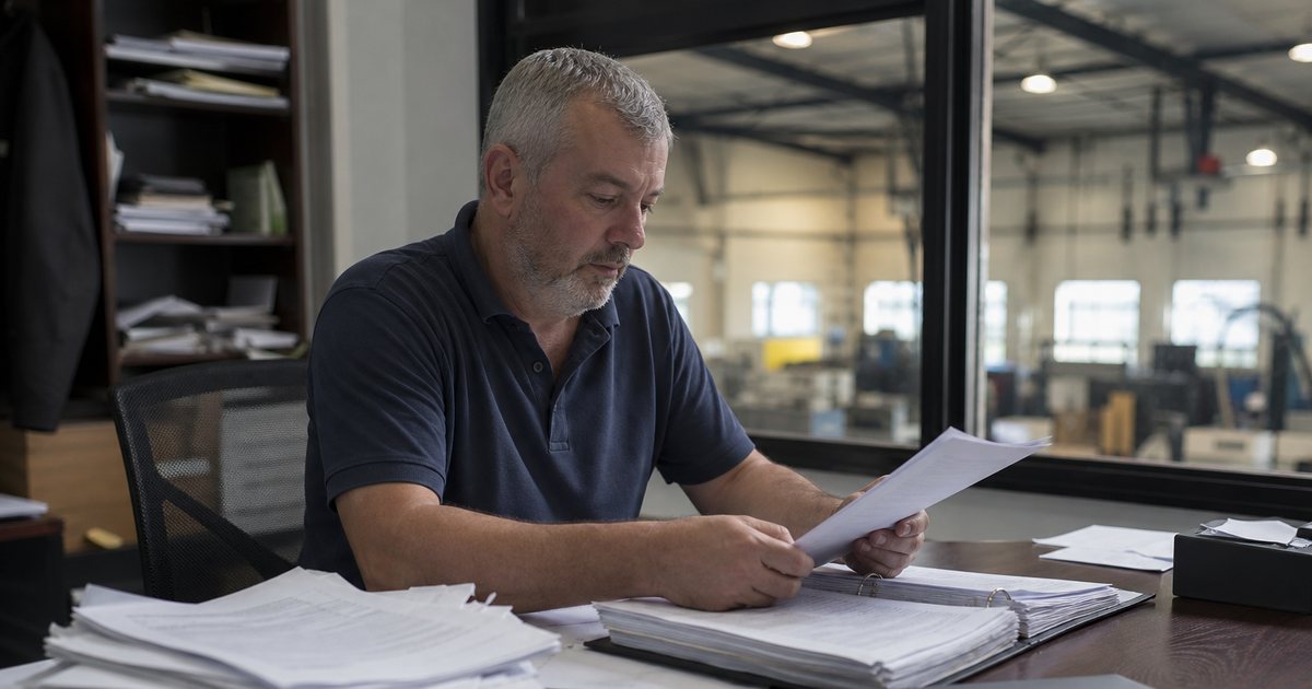 An operations manager at a cluttered desk in a small manufacturing office, a closed thick binder, a closed laptop, and a coffee mug beside him, afternoon light through a window overlooking the shop floor