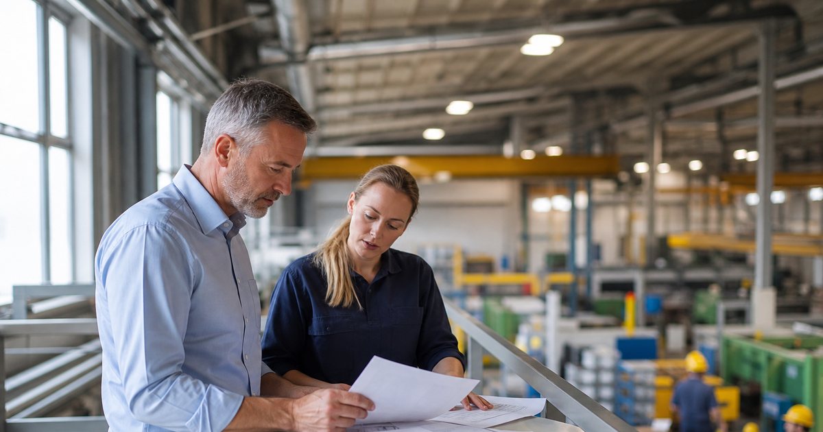 A plant manager and a safety coordinator in conversation at a standing table on a mezzanine overlooking a busy production floor with workers in hard hats below