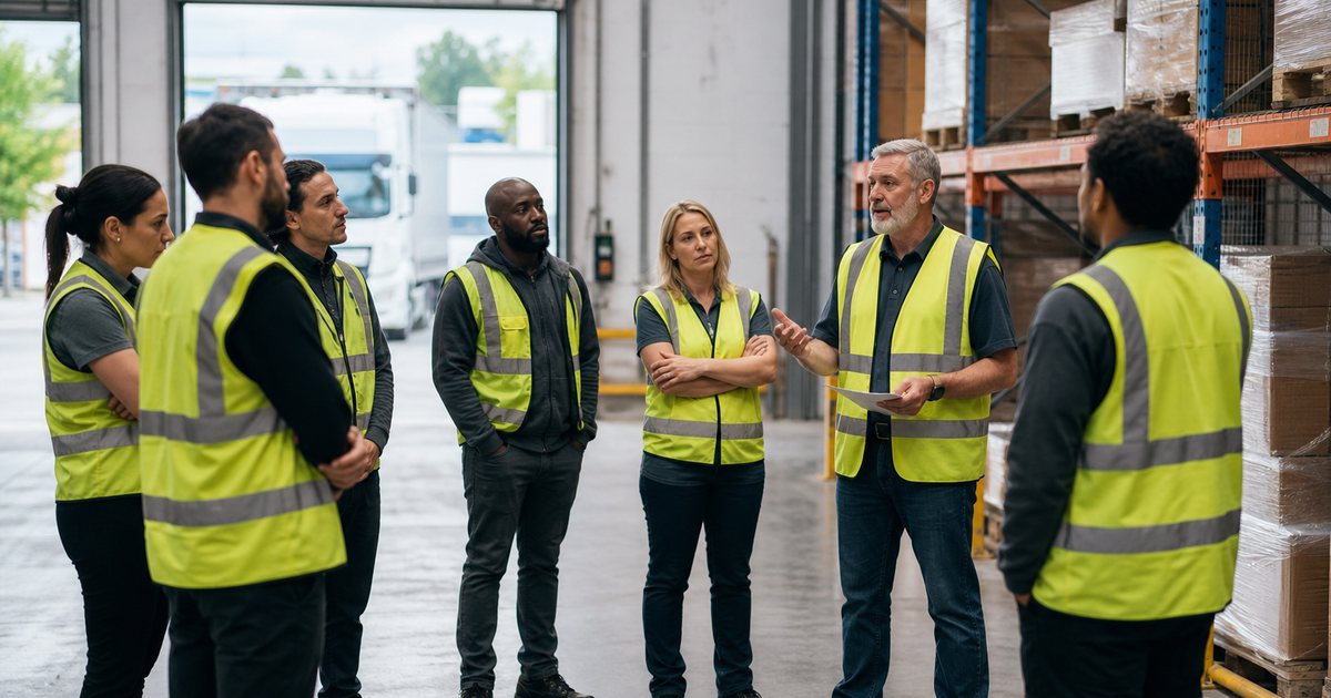 A small crew of warehouse workers in high visibility vests gathered in a semicircle around a supervisor beside a pallet rack at the start of a morning shift, natural light from open loading dock doors