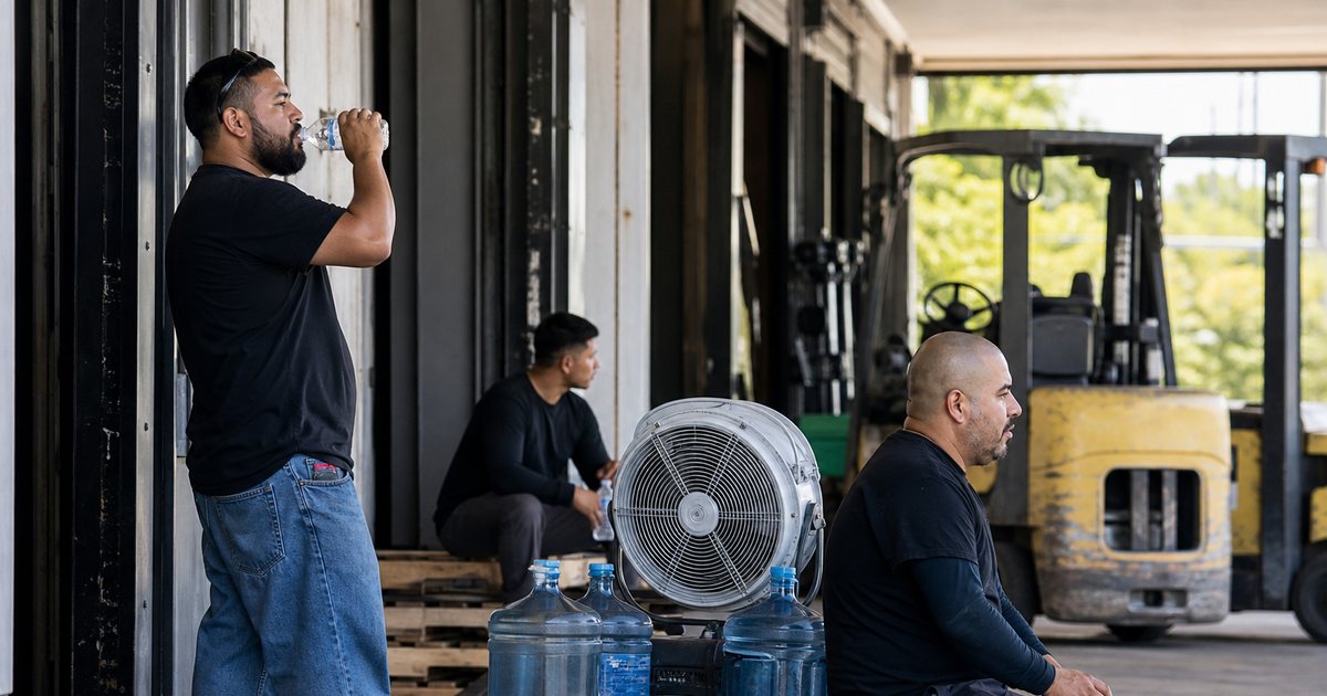 Warehouse workers taking a water break in the shade beside open loading dock doors on a bright summer afternoon, water jugs and a portable fan on a pallet, forklifts parked nearby