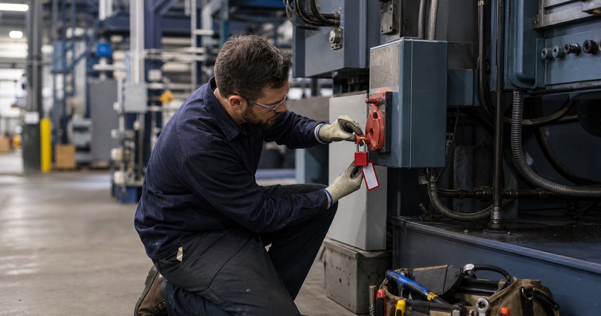 A maintenance technician in work gloves closing a red padlock through the hasp of an electrical disconnect switch on a large industrial machine in a manufacturing plant, tool bag on the floor beside him
